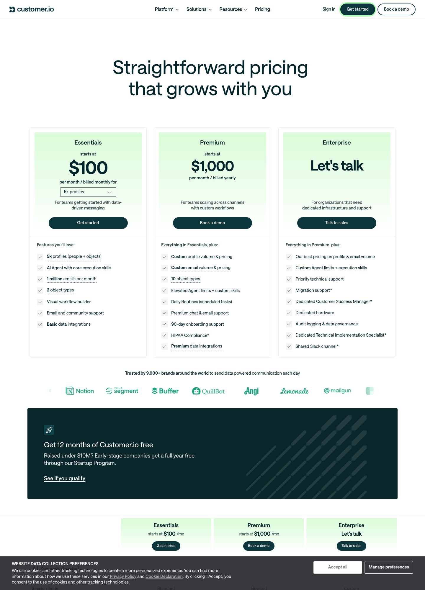 Customer.io fiyatlandırma sayfasında Essentials ve Premium planları ile Startup Programı