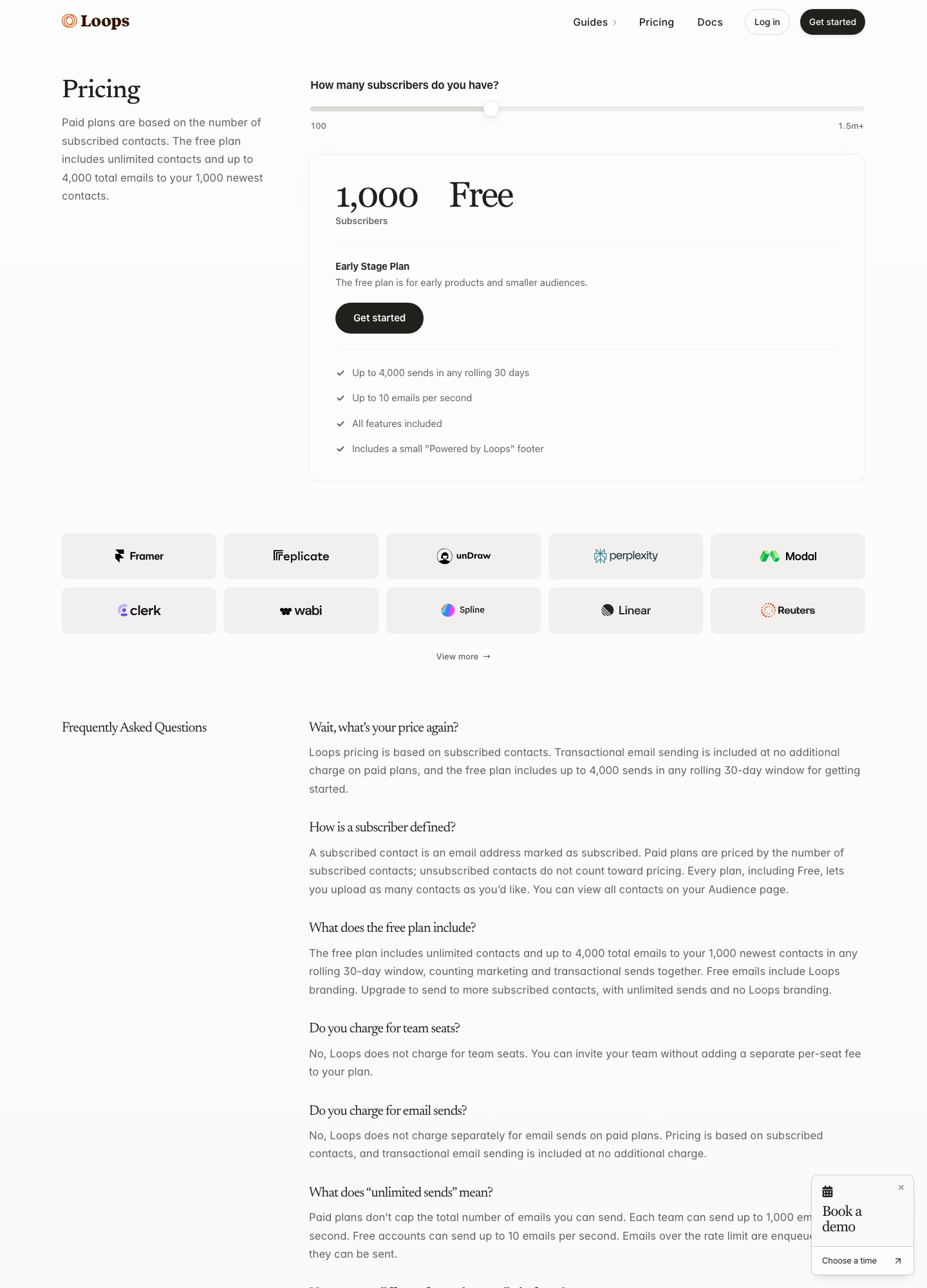 Loops fiyatlandırma sayfasında ücretsiz planın 1.000 abone için gösterilen görünümü ve kayan 30 günlük 4.000 gönderim sınırı