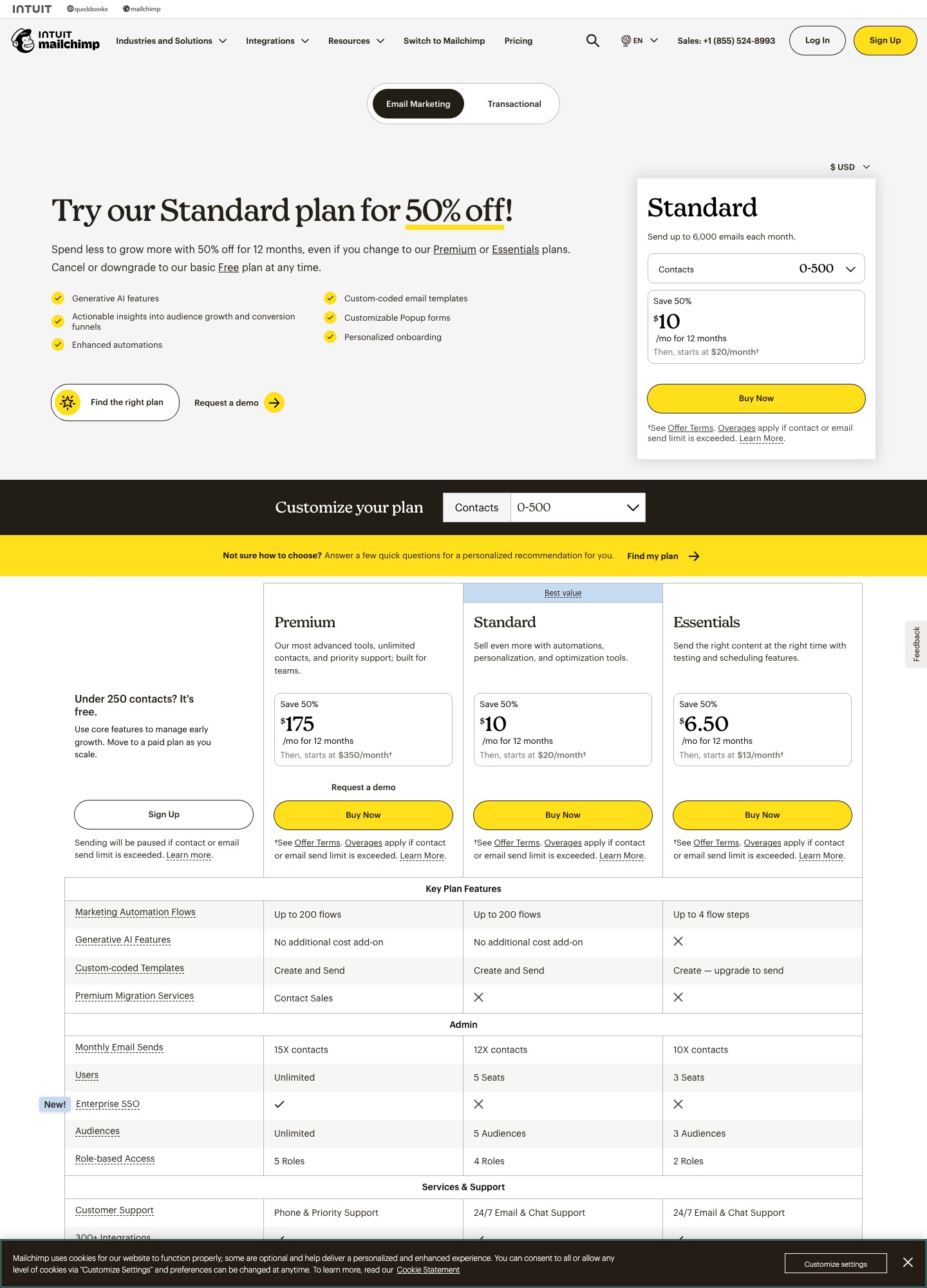 Mailchimp fiyatlandırma sayfası: Standard 0–500 kontakt seçicisinde ilk 12 ay için 10 USD/ay, sonrasında 20 USD/ay