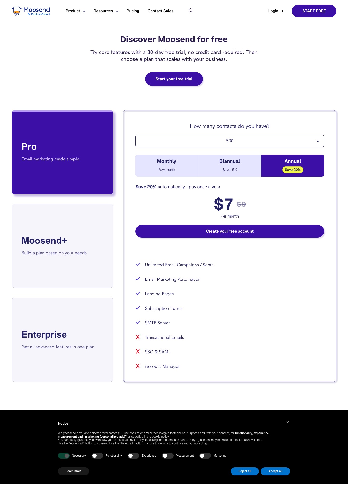 Moosend Pro fiyat seçicisinde 500 kişi için yıllık faturalamada ayda 7 ABD doları ve aylık faturalamada ayda 9 ABD doları